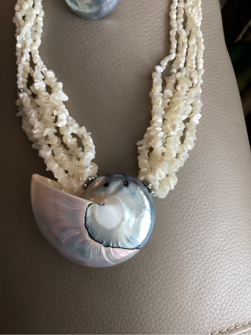 Vintage Handmade Iridescent Nautilus Pendant Multistrand Necklace & Earring set - Picture 2 of 6